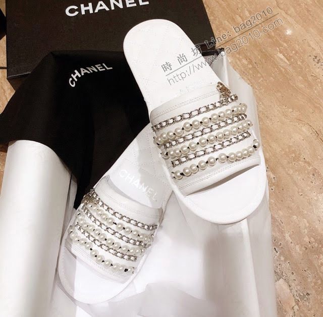 Chanel女鞋 香奈兒2020新款珍珠鏈條拖鞋  naq1292